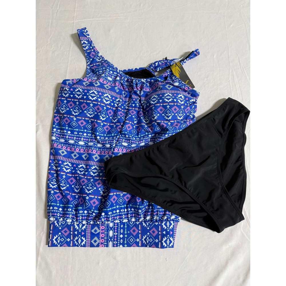 Bikinx Women XXL Blue Tribal Print Blouson Tankini Set Two Piece Swimsuit New